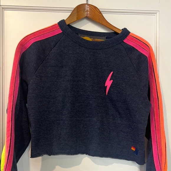 Aviator Nation Bolt Embroidery Striped Crop Crewneck Navy - Picture 3 of 9